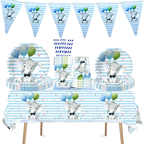 Vajilla De Cumpleaños, 71 Piezas Baby Shower Decoracion Niño, Vajilla Diseño Elefante Azul Vasos Platos, Servilletas, Pajas, Mantel, Banner, para Baby Shower, Bautizo Niño, Cumpleaños Infantil Cover