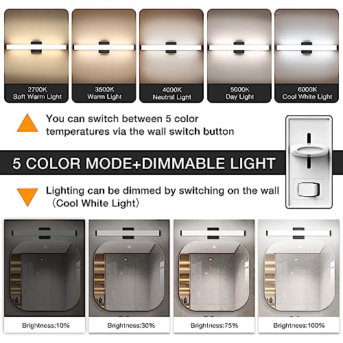 Image of Bathroom Vanity Light Brushed Nickel Square LED 24 inch 14W 4000K Natural White Light Wall Bar Lighting Fixtures Over Mirror (Matte Black, 24 inch 5CCTDimmable)
