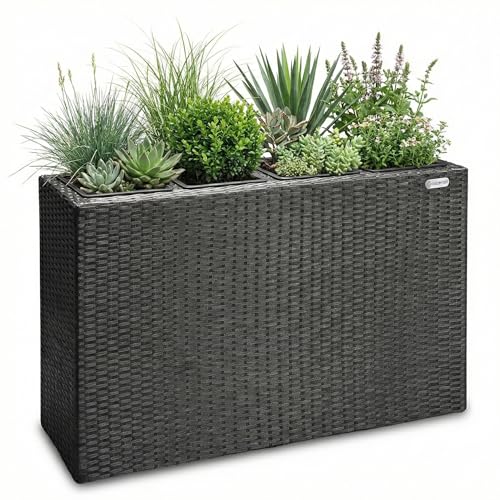 CASARIA Flower Box | Large Tall Rattan Flower Pot Planter | 4 Removable Inner Plant Pots With Water Drain | Poly Rattan Mesh Trough Flower Box Planters Outdoor Garden | 95x27x60cm | Black