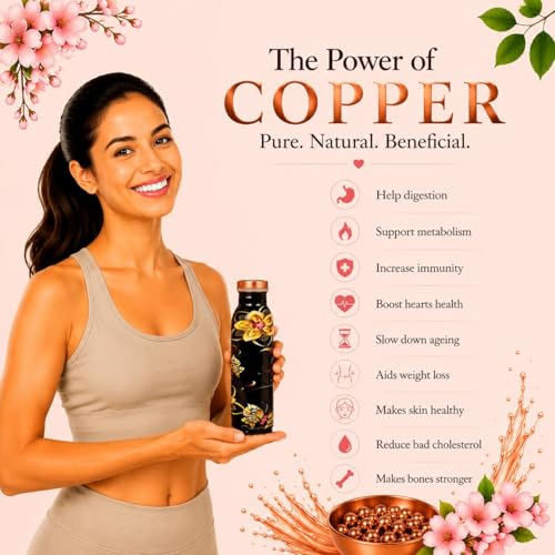 Image of Pure Copper Water Bottle - Handcrafted - Ayurveda health benefits -Small 450 ml - Leak proof - Easy to carry for Sports, Fitness, Yoga, School - Textured Black Base Floral Colorful Enamel.