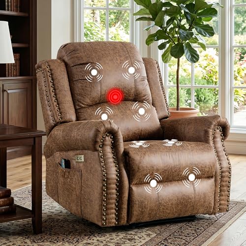 Image of HAOMARKETS Classic Power Recliner Chair with Massage and Heat, Breathable Faux Leather Electric Recliner with USB&Type-C Port, Overstuffed Reclining Sofa with Rivets for Living Room, Brown