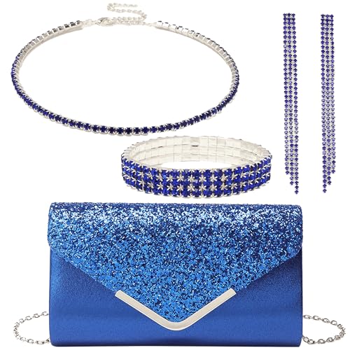 OUAYEMEL - Pochette à paillettes pour femme avec chaîne, sac à main de soirée, mariage, bal de promo, fête, épaule, élégant, lot de 4 bijoux à strass pour...