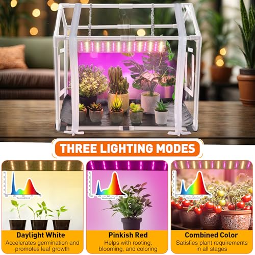 Meonum Mini Greenhouse with Grow Light, 23.6" L x 15.7" W x 19.6" H Portable Greenhouse with Waterproof Bottom Mat, Timer, 3 Light Color Mode for Indoor Outdoor Seed Starter Tray (Mini House Shape) - Image 5