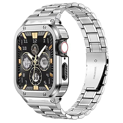 MioHHR Stainless Steel Watch Band with Case Compatible for Apple Watch Bands 42/44 mm,Rugged Strap with Metal Protective Bumper Cover for iWatch Series 6/5/4/SE/3/2/1 for Men(Silver)