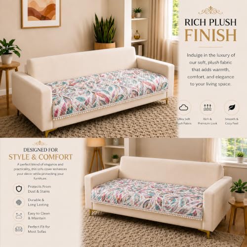 Image of Homerz Premium Printed Quilted Velvet Sofa Slip Cover Protector with Tassels, Sofa Mat, Exact Size, Antislip Cover (Multileaf, 3 Seater, Half)