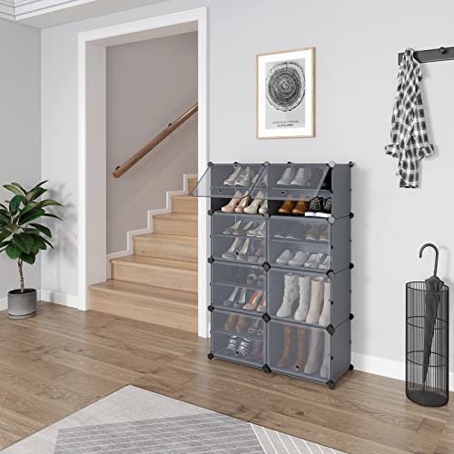 Unzipe Shoe Rack For Entryway, 8 Cube 16-Tier Shoe Storage Cabinet 32 Pairs Plastic Freestanding Shoe Organizer Diy For Entryway Hallway Closet Or Bedroom, Dark Grey #TOP1
