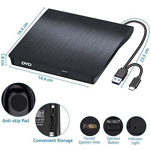 Image of External CD /DVD Drive USB 3.0 & Type-C, CD DVD Burner Portable, Rewriter Reader DVD /CD-RW Plug and Play for Laptop Desktop Windows 7 /8 /10 /11, Linux, Vista, Mac OS for MacBook, iMac