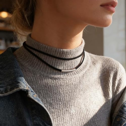Inateannal Boho Geschichtet Leder Halsband Halskette Schwarz Leder Seil Halskette Silber Bar Halsband Halskettes Kurz Wildleder Schnur Kette Schmuck Für Frauen