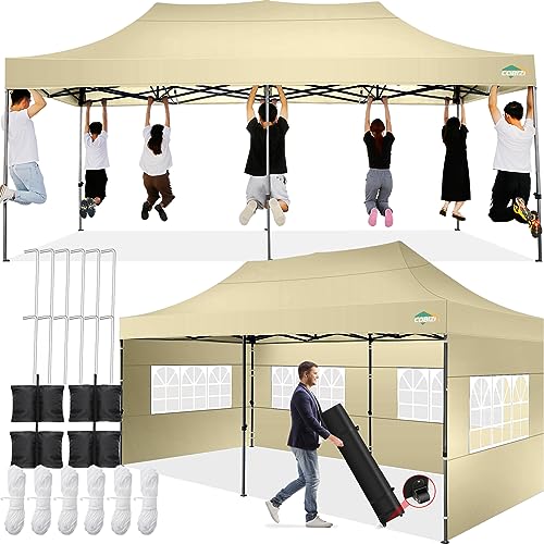 Image of COBIZI 10x20 Pop Up Canopy Tent with 6 Sidewalls,Heavy Duty Canopy,Khaki