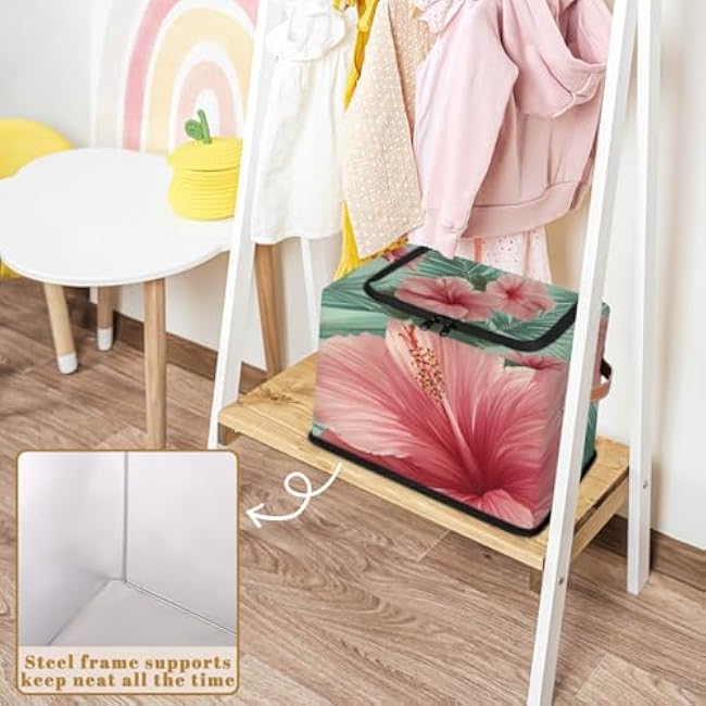 Storage Baskets with Lid Hibiscus Flower Palm Leaves Storage Bins Storage Box Collapsible Canvas Closet Shelf Basket Toy Book Clothes Organizer 2 pack