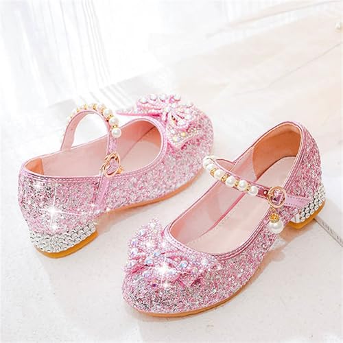 Girls High Heels Glitter Mary Jane Shoes with Pearl Bow | Glitter upper pearl strap and rhinestone bow create a playful dress shoe for celebrations and photos Pink Size 1 - image 7