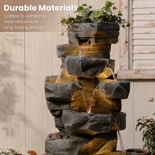 Image of 58Inch Outdoor Garden Water Fountain 6 Tiers Large Cascading Rock Natural Waterfall Outdoor Fountain with LED Lights for Patio Porch Backyard Home Art Decor