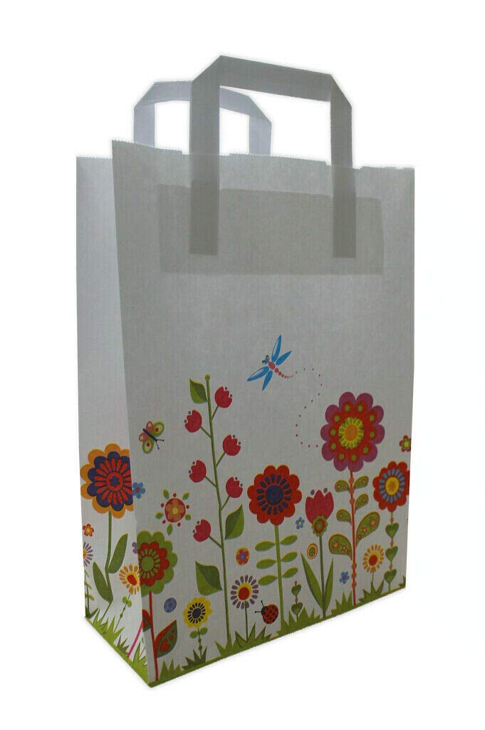 PGV Papierowe torby do noszenia z motywem kwiatowym – białe z płaskimi uchwytami – różne rozmiary i ilości (32 + 12 x 40 cm, 100 sztuk)