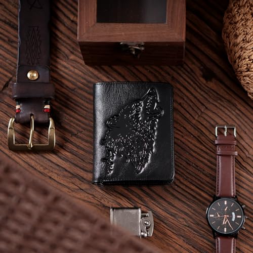 Mens Wallet With Coin Pocket,Wolf Bifold Wallets For Men Leather RFID Blocking,Gift for Him(black)2