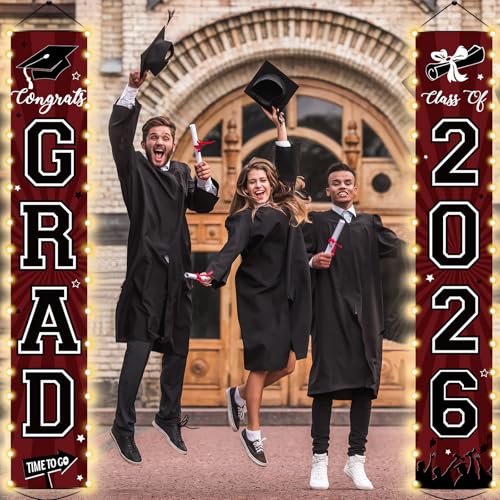Image of 2026 Graduation Banners Lighted Decorations Class of 2026 Congrats Grad Porch Sign Banners with LED Light Welcome Hanging Door Decor Party Supplies for Indoor Outdoor(Maroon and Black)