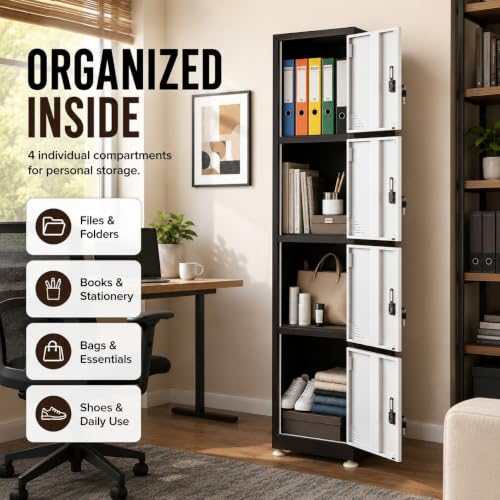 Image of Amazon Brand - Solimo 4-Door Vertical Steel Locker | Heavy-Duty Lockable Storage Cabinet for Gym, School, Office & Home | Secure Compartments for Clothes, Gear & Valuables Powder Coated Brown Finish