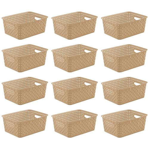 Khaki Stackable Storage Baskets, Plastic Weave Basket Organizer and Storage