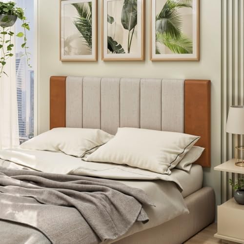 Cabeceira Estofada Dobrável Casal Cama Box Queen Linho Bege Premi...