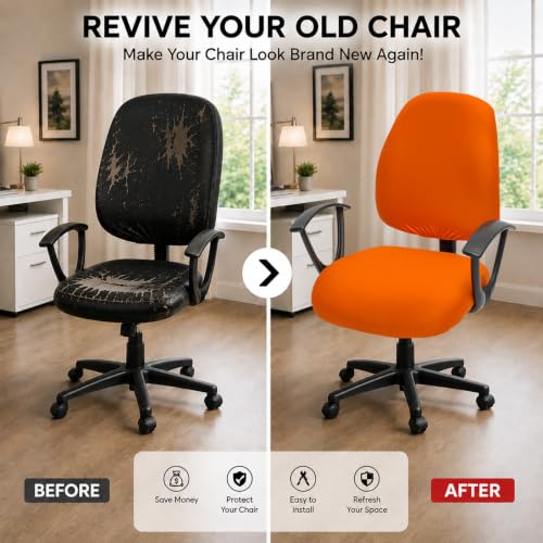 Image of Stretchable Desk Office Chair Seat Covers - Universal Stretch Computer Chair Slipcover Washable Rotating Backrest Coverings & Cushion Protectors for Dogs, Cats, Pets, Orange