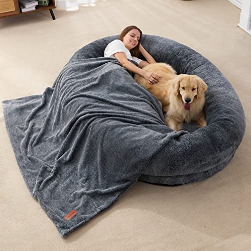 Image of Large Human Dog Bed Bean Bag Bed for Humans 72"x48"x10" Giant Beanbag Dog Bed with Blanket for People, Families, Pets (Grey)