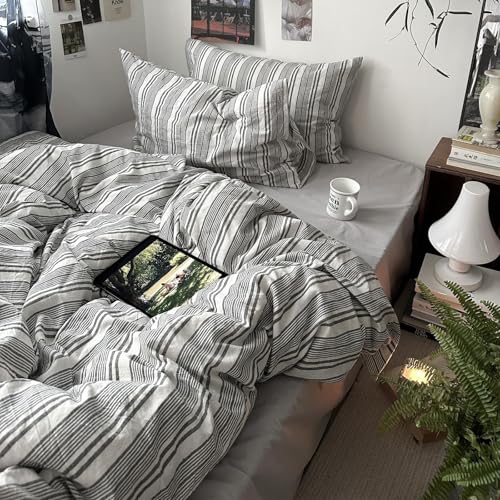 Image of Striped Duvet Cover Set, Queen Size, Dark Grey & White, 3 Pieces | Men's Cotton Bedding Set, Modern Preppy Style, Boys Comforter Cover for College Dorm, 90 inchx90 inch