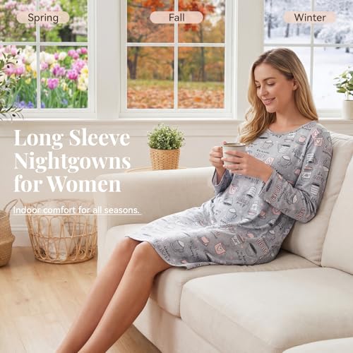 Image of American Trends Nightgowns for Women Long Sleeve Cotton Blend Sleepwear, Knee Length Night Gowns Sleepshirts House Lounge