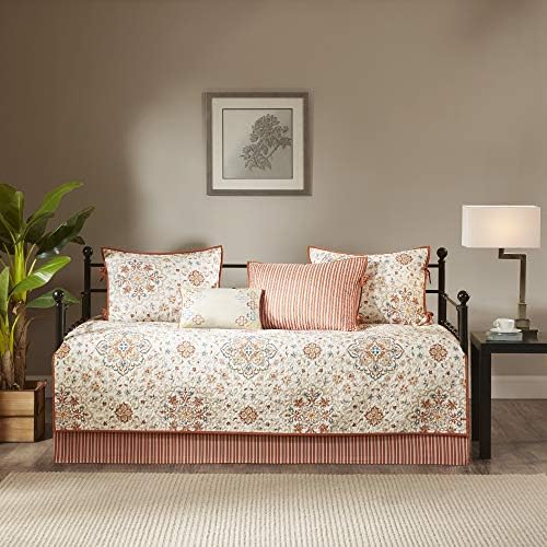 Madison Park Daybed Cover Set-Double Sided Quilting Casual Design All Season Bedding with Bedskirt, Matching Shams, Decorative Pillow, 75"x39", Reversible Medallion Ivory 6 Piece