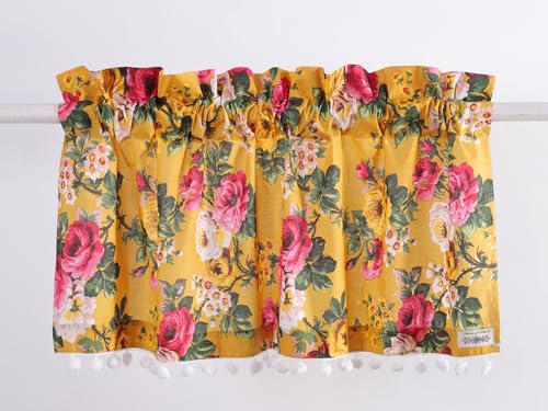 Image of Ravaiyaa - Attitude is everything Hand Printed Half Window Kitchen Curtain 100% Cotton Short Drapery Valance Curtain 40 inch X 18 inch Inch (Yellow Floral)