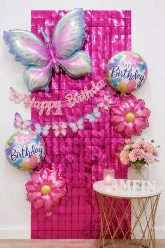 Image of AMFIN (Pack of 8) Butterfly Theme Birthday Decoration Kit Metallic Finish Women Girls Item Pink Blue Rainbow Flower