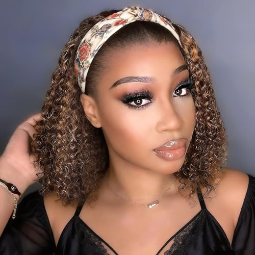 Image of XSY Deep Wave Headband Wig Human Hair Ombre Highlight 4 /27# Curly Headband Wig Glueless Brazilian Virgin Human Hair Wigs for Black Women 150% Density 12 Inch
