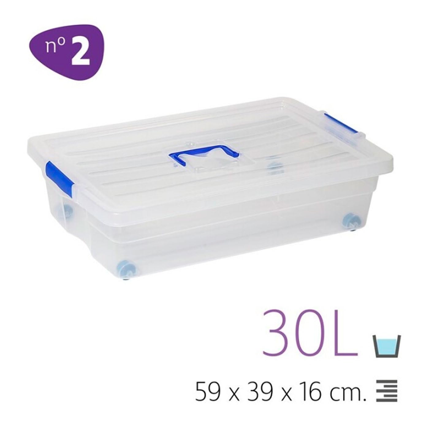 Acan Tradineur - Pack de 6 cajas de almacenamiento con ruedas Nº 2 - Plástico - Contenedor, guardar ropa, mantas, libros - Fabricado en España - 30 L - 59 x 39 x 16 cm - Transparente