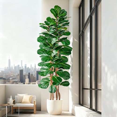 Image of Artificial Fiddle Leaf Fig Tree 6FT, Faux Fig Tree Indoor with Natural Wood Trunk & Realistic Leaves with Moss Pot Fake Ficus Tree Large Faux Floor Plant for Living Room Home Decor, House Plant