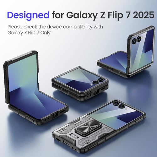 Image of VEGO for Z Flip 7 Case Built-in Screen Protector & Rotating Ring Kickstand | Hinge Protection [Anti-Scratch] [No-Slip] Heavy Duty Full Cover Shockproof Case for Galaxy Z Flip 7 2025(Not for 7 FE)-Gray
