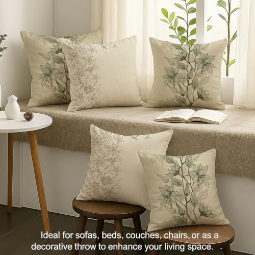 Image of STITCHNEST Set of 5 Polycotton Cushion Covers - 12x12 Inches - Beige & Olive Botanical Line Art Print - Elegant Floral Throw Pillow Covers for Sofa & Living Room | Perfect for Home Decor