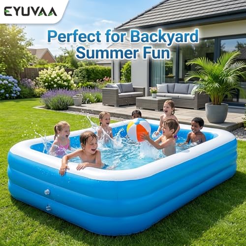 Image of EYUVAA LABEL Rectangular Inflatable Pool for Kids & Toddlers Extra-Large 8.5 Feet 3 Air Chamber Pool Backyard Water Play Summer Fun Durable Child-Safe PVC Quick Inflate & Portable Outdoor Pool