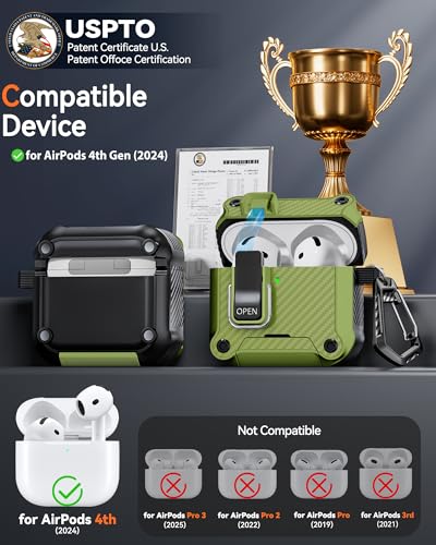 Image of Dual Safety Lock for AirPods 4 Case 2024, Compatible with MagSafe - Designed with Automatic Switch and Phone Stand, Includes a Cleaner & Keychain - Rugged Tough Hard Shell for Apple AirPods 4