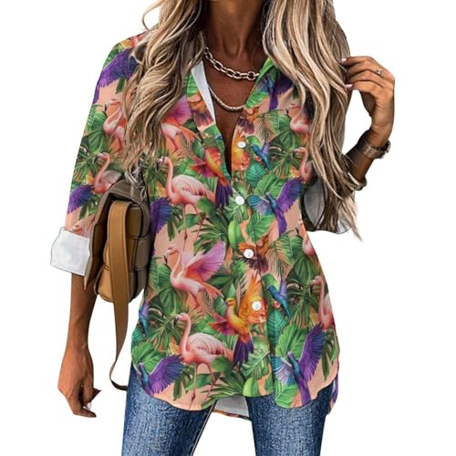 Chemises boutonnées à manches longues pour femme – Chemisiers habillés imprimés oiseaux tropicaux pour femmes, Style-34, M