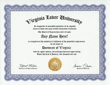 Virginia Lover Virginian Degree Custom Gag Diploma Doctorate Certificate Funny Customized Joke Gift - Novelty Item