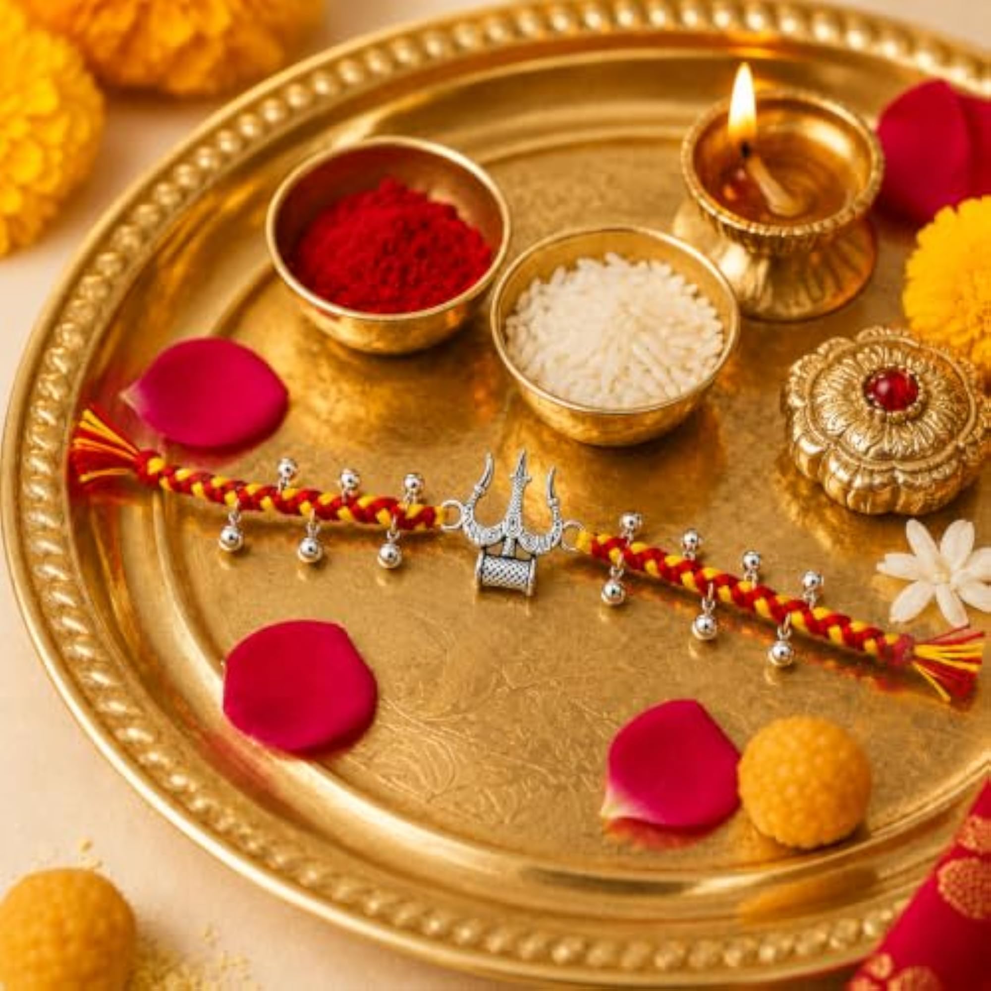 Trishul Rakhi for Brother, 925 Sterling Silver, Red & Yellow