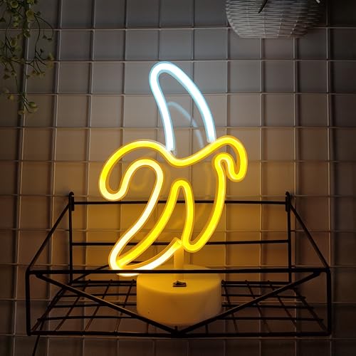Image of JYWJ Neon Signs with Holder Base,USB or 3-AA Battery Powered Neon Light,LED Desktop Wall Decoration,Various Parties,Decoration of Business Premises(Banana)