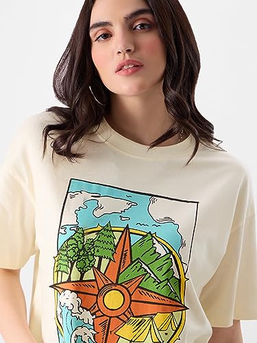 Image of The Souled Store Women TSS Originals: The Wanderer Oversized T-Shirt Oversized T Shirts for Women T-Shirt Girls Cotton Casual Half Sleeves Baggy Loose Fit Drop Shoulder Round Neck Back Printed
