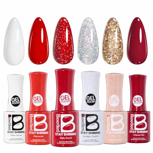 Image of Beetles Red Gel Nail Polish Set, Stay Shining Crimson Glamour Shade Set 6 Colors Gel Polish White Red Burgundy Glitter Color Soak Off UV LED Nail Art DIY Salon at Home Spring Gift for Women