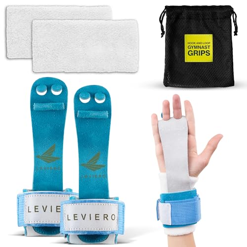LEVIERO Gymnastics Grips Set Narrow Nippers, Grips for Gymnastics Girls, Dowel Grips with Soft Leather, Hook and Loop Wrist Straps, and Adjustable Finger Holes, for All Ages - (Aqua, 1)