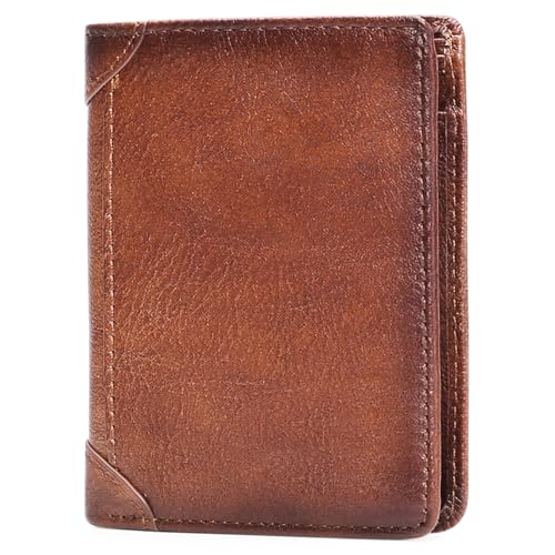 Genuine Leather Zipper Wallet for Men, RFID Blocking Bifold Design with Coin Pocket and Large Capacity (Brown)