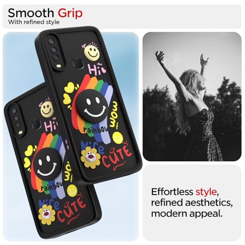Image of Pikkme Back Cover for Vivo Y12 / Y15 / Y17 / U10 | Soft Silicone| Cute Rainbow Smile & 3D Cartoon Flower Design | Shockproof Raised Camera Protection Bumper Case (Black)