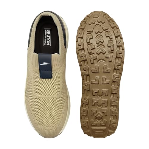 Image of BRUTON Men's Beige & Black Casual Sneaker | Lightweight Cushioned Lace-Up Shoes | Breathable Fashion Footwear for Walking, Travel, College