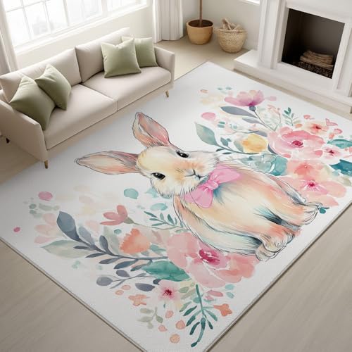 Genérico Alfombra Salon Habitacion 60 x 90 cm, Alfombras Lavable Lavadora Antideslizante, Pascua Conejitos Tierno Carpet Tapetes Comedor Modernas Pelo Corto, Rosa-Blanco