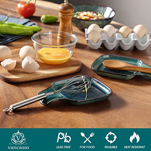 vancasso Stern Spoon Rest for Kitchen, Square Ceramic Spoon Holder, Heat Resistant Utensil Rest for Countertop, Tea Bag Holder Dish, Dishwasher Safe, Kiln Green, 2 Pack - Image 4