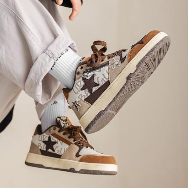 Retro Cool Star Chunky Sneakers Women Men Trendy Aesthetic Street Skateboard Walking Shoes Brown Zipper4