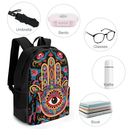 Supdreamc Rucksack Anti-Theft Multipurpose Large Capacity Carry On Bag - Colorful Eye Hamsa Hand Lotus Ethnic Indian Art Travel Hiking Bag & Day Pack With Side Pockets4